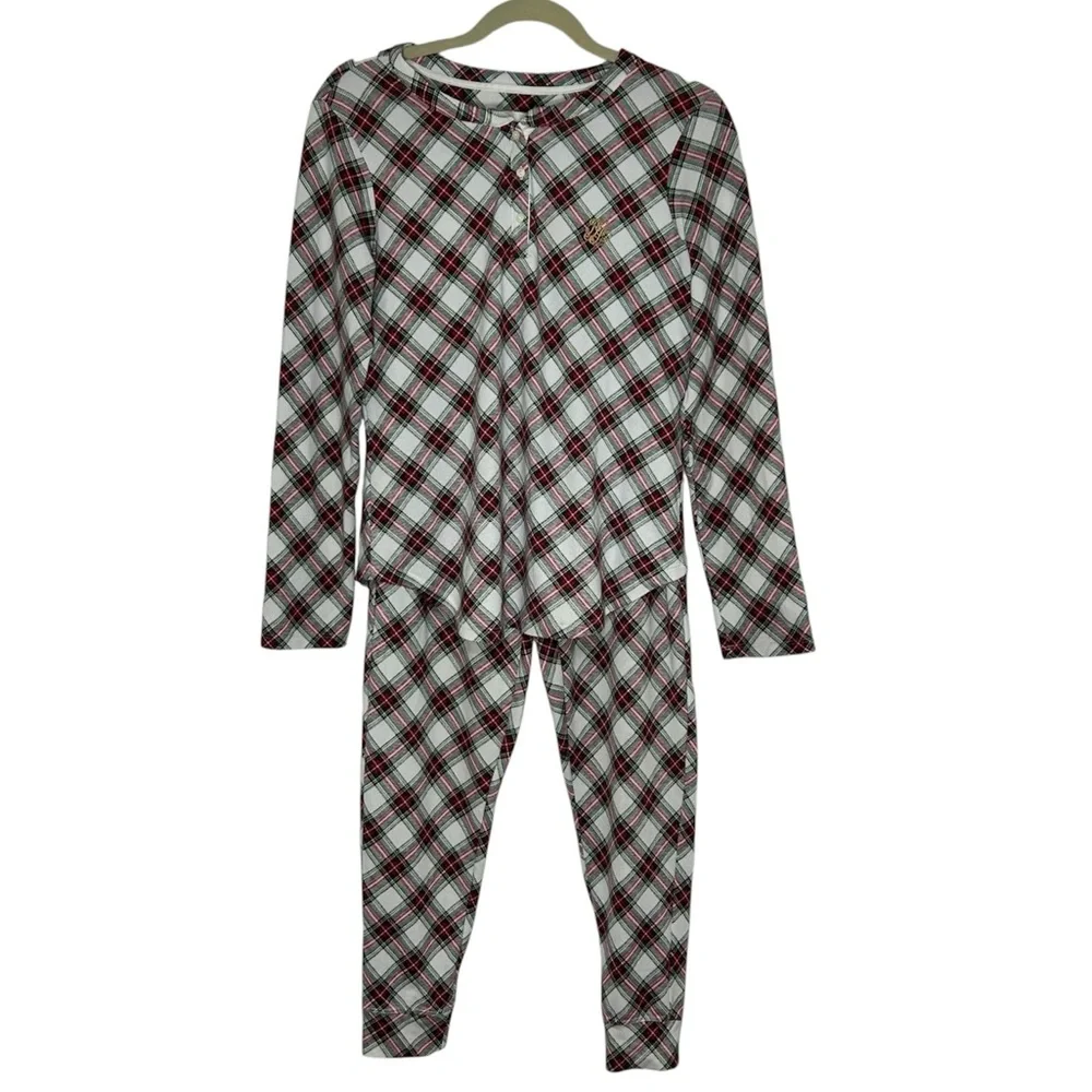 Lauren Ralph Lauren Stretchy Poly White Red Green Plaid Holidays Pajama Set S